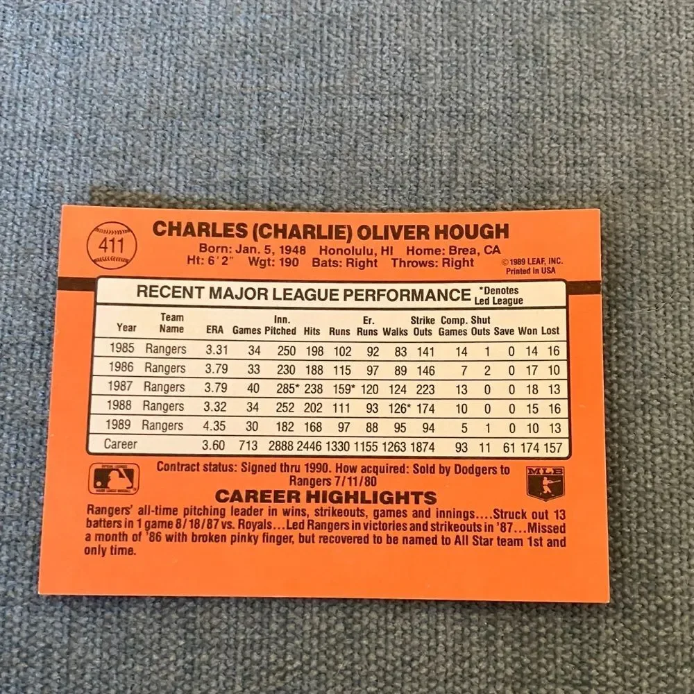 1990 Donruss Texas Rangers Baseball Card Trading Card